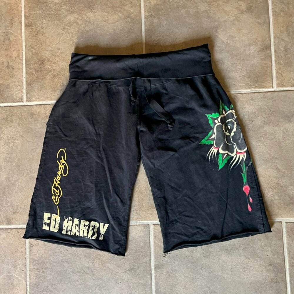 Ed Hardy Women's Black Knit Drawstring Rose Dripping Shorts Medium
